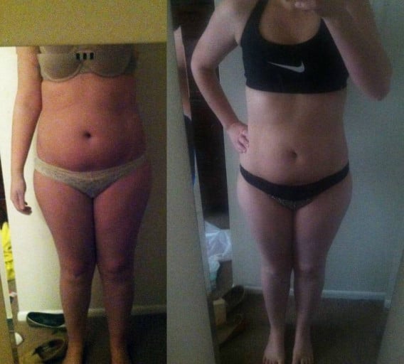 A picture of a 5'4" female showing a fat loss from 165 pounds to 149 pounds. A total loss of 16 pounds.