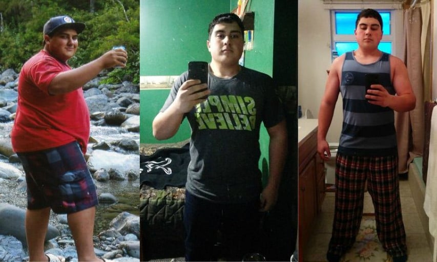 A progress pic of a 5'0" man showing a fat loss from 250 pounds to 195 pounds. A respectable loss of 55 pounds.