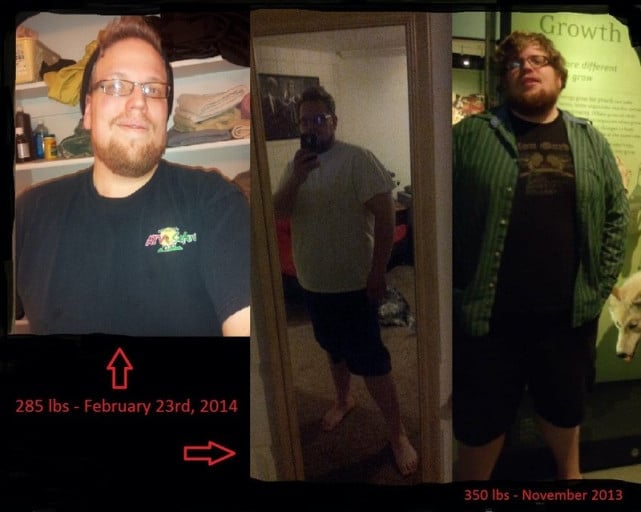 A progress pic of a 6'2" man showing a fat loss from 350 pounds to 285 pounds. A total loss of 65 pounds.