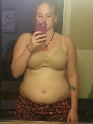 A progress pic of a 5'7" woman showing a weight reduction from 174 pounds to 155 pounds. A total loss of 19 pounds.