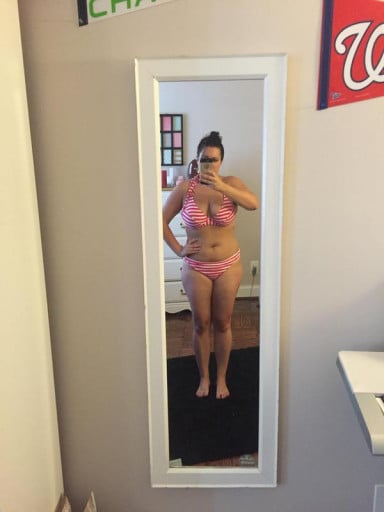 A photo of a 5'4" woman showing a weight cut from 194 pounds to 174 pounds. A respectable loss of 20 pounds.
