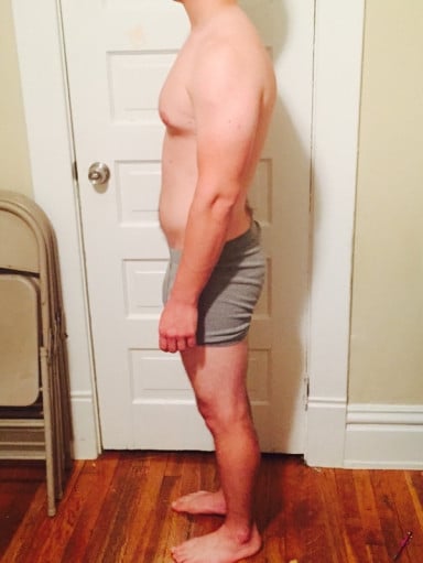 A before and after photo of a 5'8" male showing a snapshot of 168 pounds at a height of 5'8