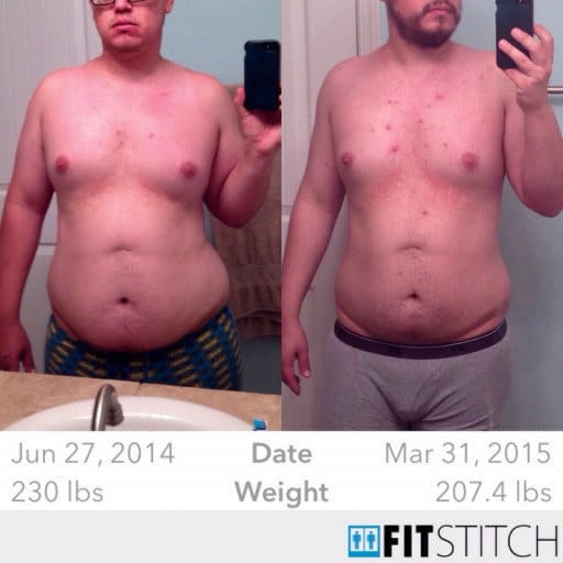 A progress pic of a 5'9" man showing a fat loss from 230 pounds to 207 pounds. A total loss of 23 pounds.