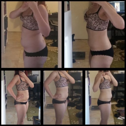A picture of a 5'2" female showing a fat loss from 130 pounds to 114 pounds. A net loss of 16 pounds.