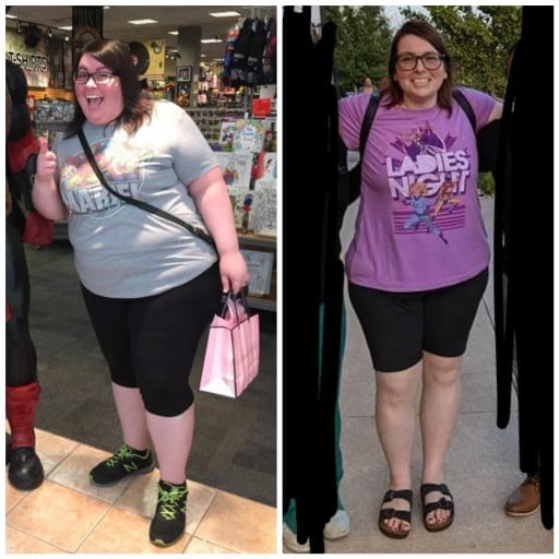 A progress pic of a 5'6" woman showing a fat loss from 341 pounds to 220 pounds. A net loss of 121 pounds.