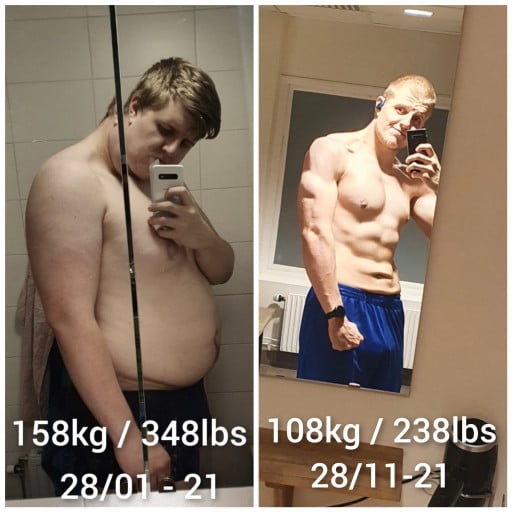 6 feet 7 Male Before and After 110 lbs Weight Loss 348 lbs to 238 lbs