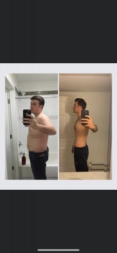 A photo of a 6'2" man showing a weight cut from 265 pounds to 175 pounds. A net loss of 90 pounds.