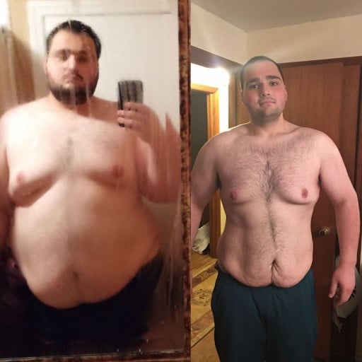 A before and after photo of a 6'6" male showing a weight cut from 540 pounds to 336 pounds. A total loss of 204 pounds.