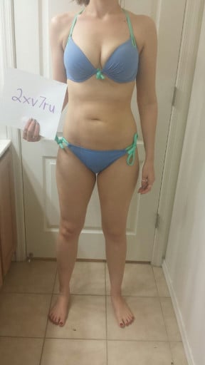 A photo of a 5'8" woman showing a snapshot of 144 pounds at a height of 5'8