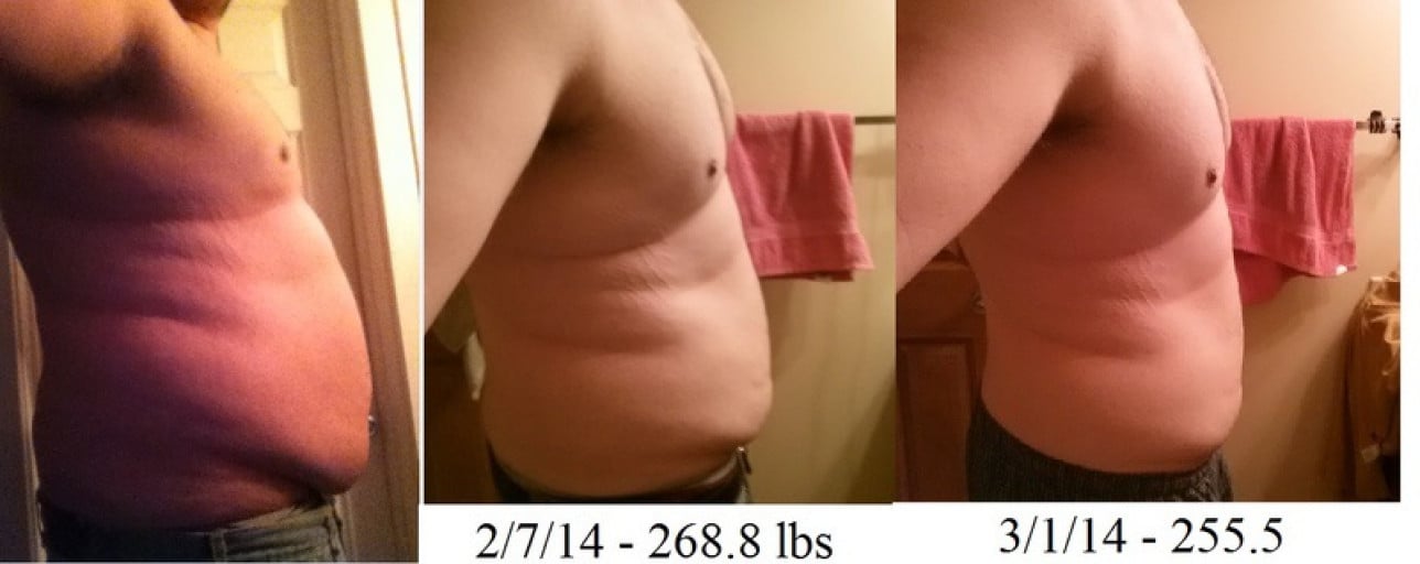 A before and after photo of a 6'0" male showing a weight cut from 310 pounds to 255 pounds. A total loss of 55 pounds.