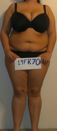 A before and after photo of a 5'0" female showing a snapshot of 180 pounds at a height of 5'0