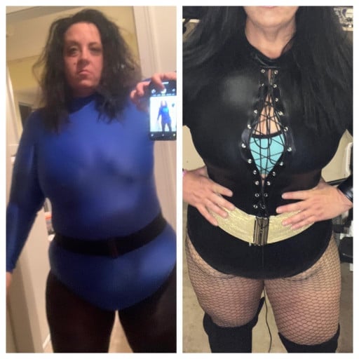 A picture of a 5'8" female showing a weight loss from 280 pounds to 247 pounds. A total loss of 33 pounds.
