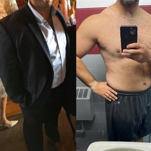 A progress pic of a 6'1" man showing a fat loss from 310 pounds to 260 pounds. A net loss of 50 pounds.