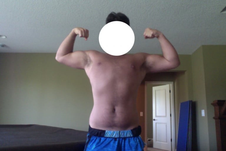 A progress pic of a 5'7" man showing a weight bulk from 165 pounds to 175 pounds. A net gain of 10 pounds.
