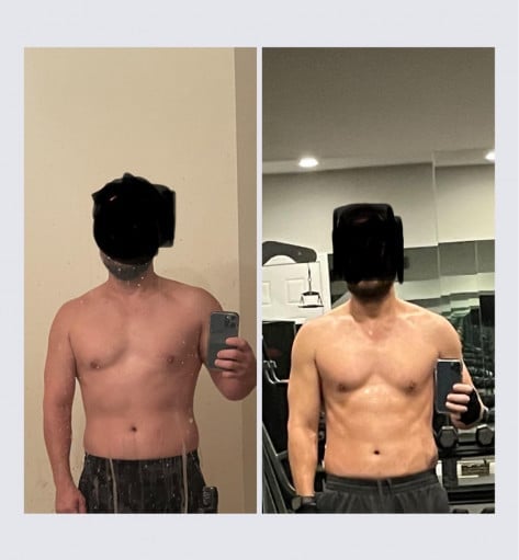 A progress pic of a 5'10" man showing a fat loss from 178 pounds to 170 pounds. A respectable loss of 8 pounds.