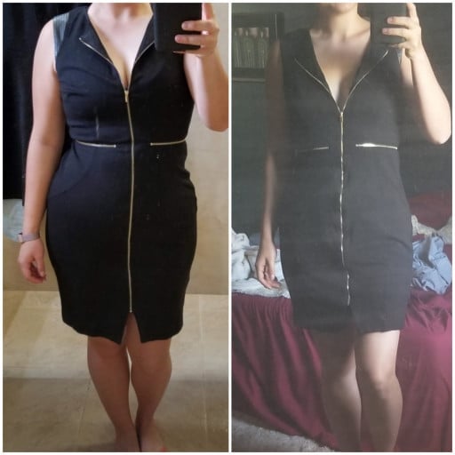 A progress pic of a 5'6" woman showing a fat loss from 185 pounds to 150 pounds. A total loss of 35 pounds.