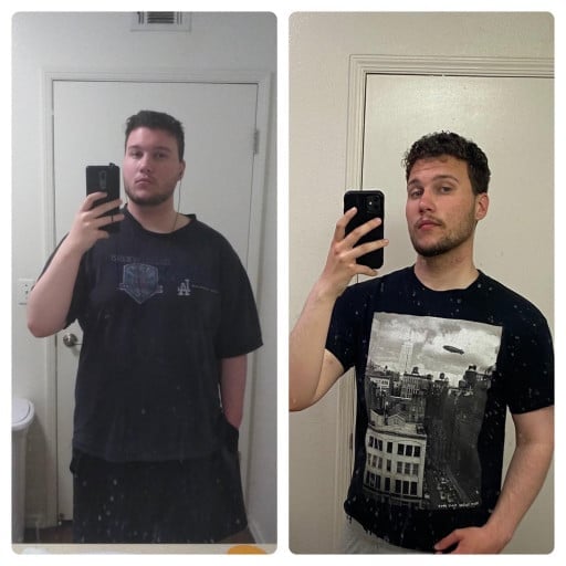 A progress pic of a 6'3" man showing a fat loss from 300 pounds to 113 pounds. A total loss of 187 pounds.