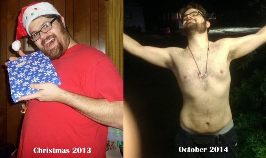 A before and after photo of a 6'0" male showing a weight reduction from 253 pounds to 197 pounds. A net loss of 56 pounds.