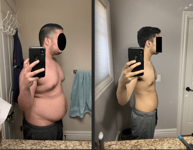 A before and after photo of a 5'11" male showing a weight reduction from 262 pounds to 170 pounds. A net loss of 92 pounds.
