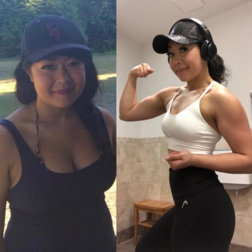 A progress pic of a 5'2" woman showing a fat loss from 137 pounds to 117 pounds. A net loss of 20 pounds.