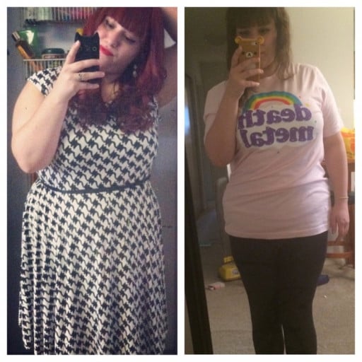 A progress pic of a 5'2" woman showing a weight reduction from 225 pounds to 180 pounds. A respectable loss of 45 pounds.