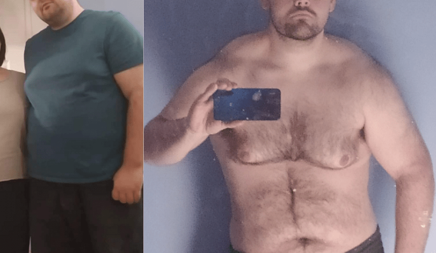 A before and after photo of a 6'2" male showing a weight reduction from 330 pounds to 250 pounds. A respectable loss of 80 pounds.