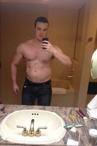 A picture of a 6'3" male showing a fat loss from 215 pounds to 185 pounds. A total loss of 30 pounds.
