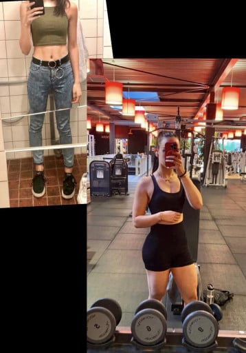 A photo of a 5'6" woman showing a muscle gain from 106 pounds to 137 pounds. A total gain of 31 pounds.