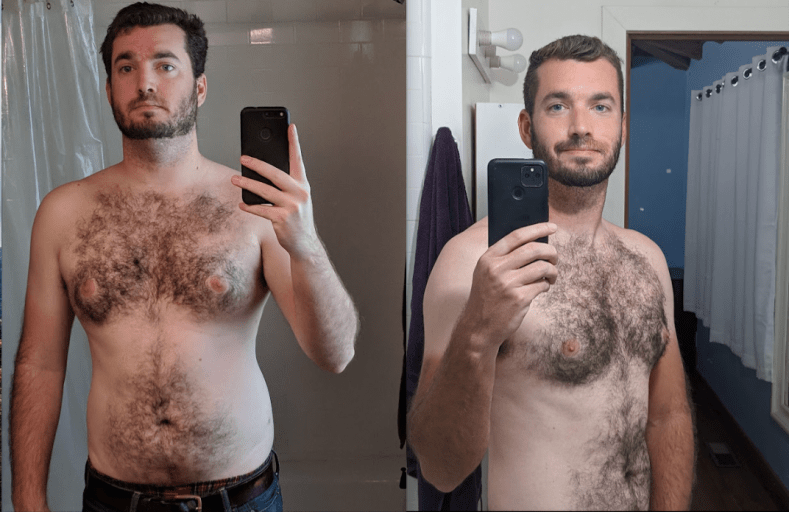 A before and after photo of a 5'11" male showing a weight reduction from 200 pounds to 160 pounds. A net loss of 40 pounds.