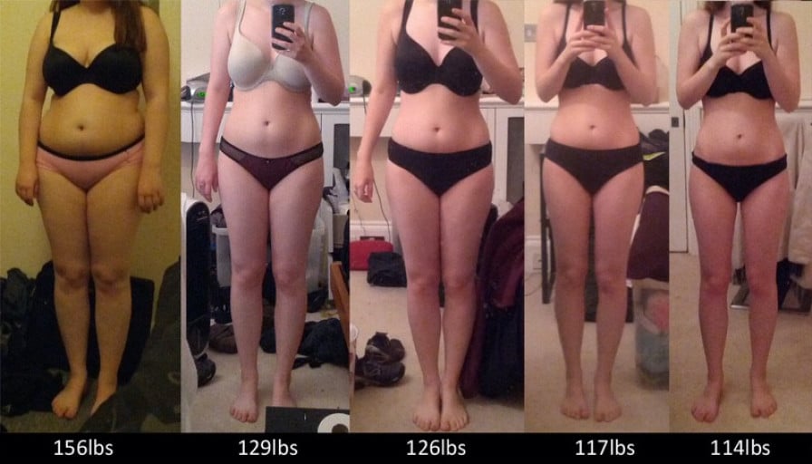 A progress pic of a 5'4" woman showing a weight reduction from 156 pounds to 114 pounds. A respectable loss of 42 pounds.