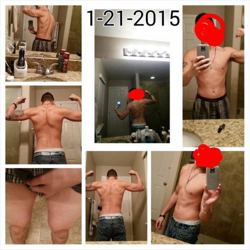 A progress pic of a 5'11" man showing a weight gain from 145 pounds to 165 pounds. A respectable gain of 20 pounds.