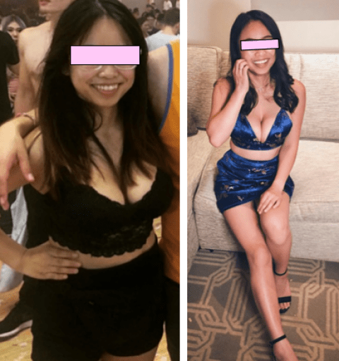 A before and after photo of a 5'1" female showing a weight reduction from 137 pounds to 103 pounds. A respectable loss of 34 pounds.
