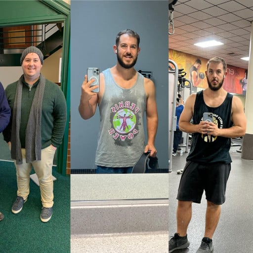 A progress pic of a 5'8" man showing a fat loss from 260 pounds to 170 pounds. A total loss of 90 pounds.