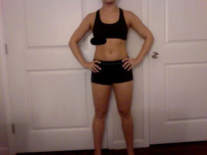 A progress pic of a 5'3" woman showing a snapshot of 128 pounds at a height of 5'3