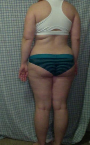 A photo of a 5'7" woman showing a snapshot of 205 pounds at a height of 5'7