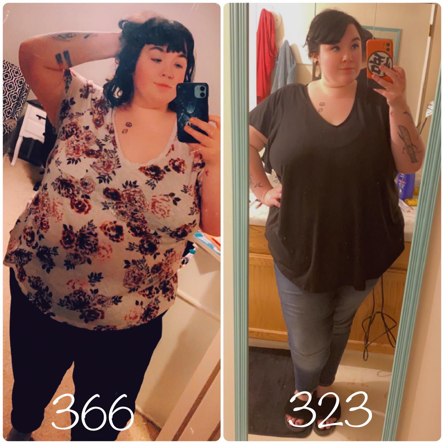 5 foot 7 Female 43 lbs Fat Loss 366 lbs to 323 lbs