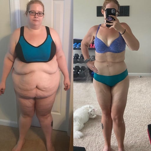 A photo of a 5'3" woman showing a weight cut from 231 pounds to 138 pounds. A total loss of 93 pounds.