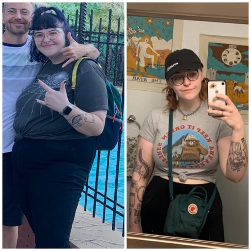 A progress pic of a 5'8" woman showing a fat loss from 310 pounds to 100 pounds. A total loss of 210 pounds.