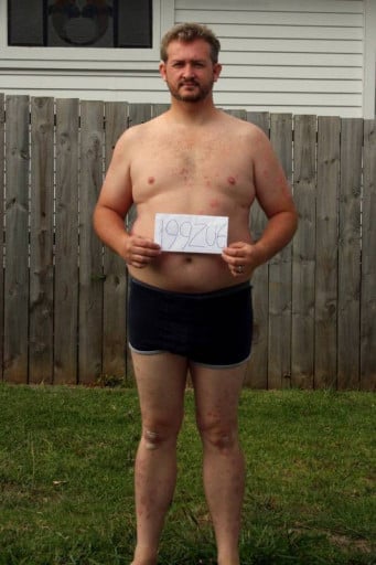 A before and after photo of a 6'3" male showing a snapshot of 268 pounds at a height of 6'3