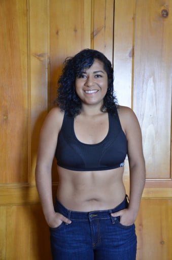 A progress pic of a 5'3" woman showing a weight cut from 202 pounds to 155 pounds. A total loss of 47 pounds.