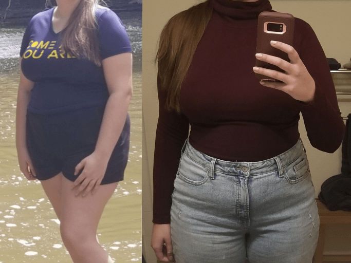 A before and after photo of a 5'8" female showing a weight reduction from 247 pounds to 190 pounds. A net loss of 57 pounds.