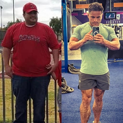 A progress pic of a 5'9" man showing a fat loss from 410 pounds to 200 pounds. A total loss of 210 pounds.