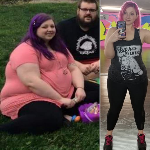 A photo of a 5'8" woman showing a weight cut from 350 pounds to 215 pounds. A respectable loss of 135 pounds.
