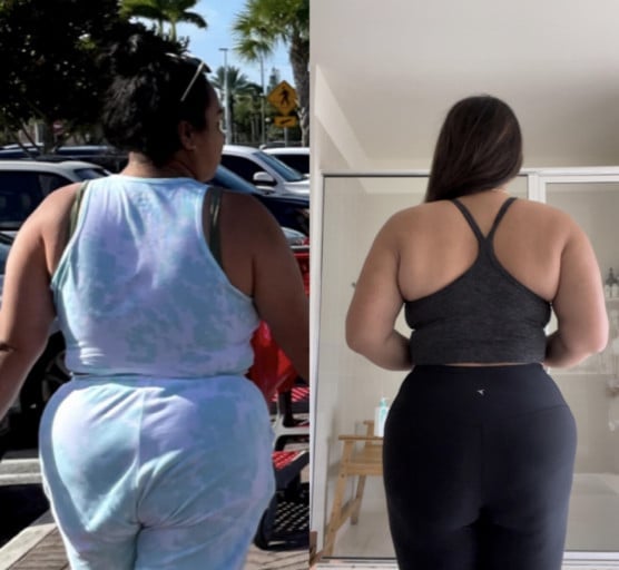 A progress pic of a 5'5" woman showing a fat loss from 233 pounds to 214 pounds. A net loss of 19 pounds.