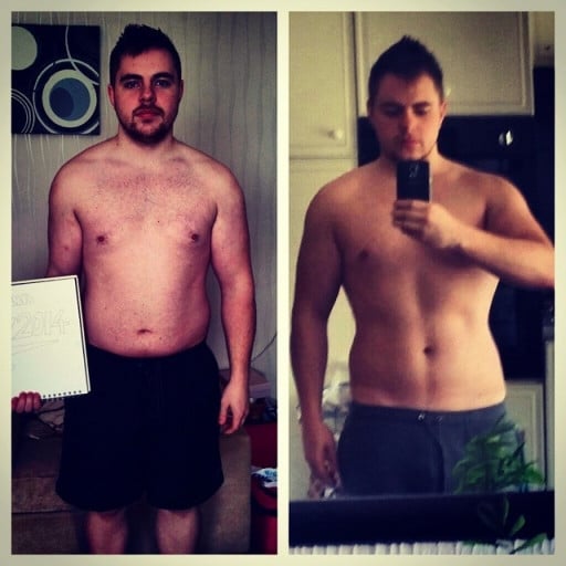 A picture of a 5'7" male showing a weight loss from 203 pounds to 189 pounds. A total loss of 14 pounds.
