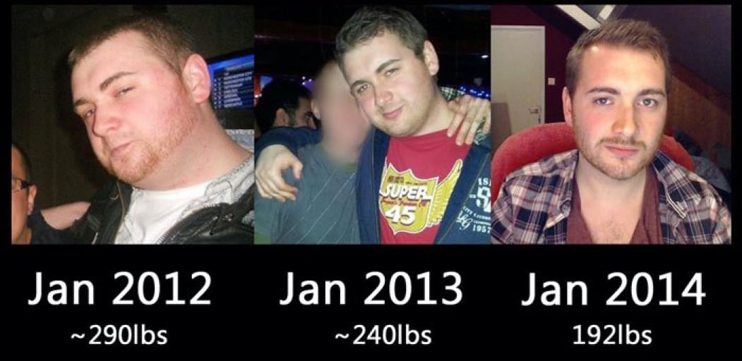 A picture of a 6'2" male showing a weight loss from 290 pounds to 192 pounds. A respectable loss of 98 pounds.