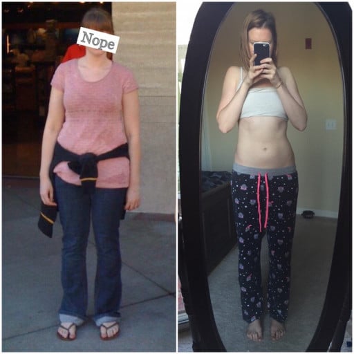 A picture of a 5'7" female showing a weight loss from 158 pounds to 140 pounds. A net loss of 18 pounds.