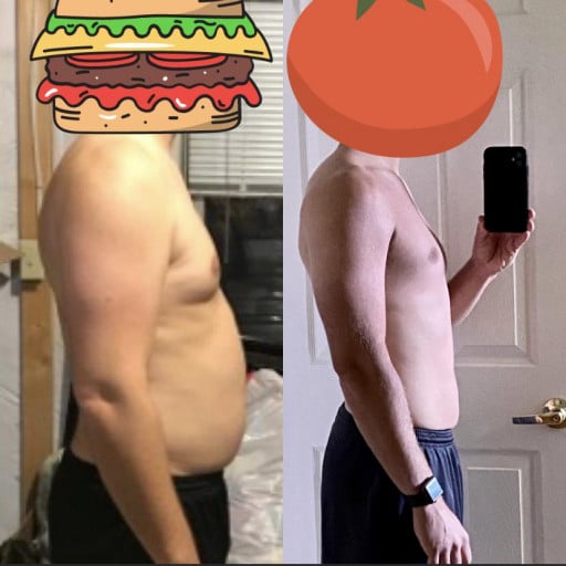 A progress pic of a 5'9" man showing a fat loss from 208 pounds to 157 pounds. A net loss of 51 pounds.