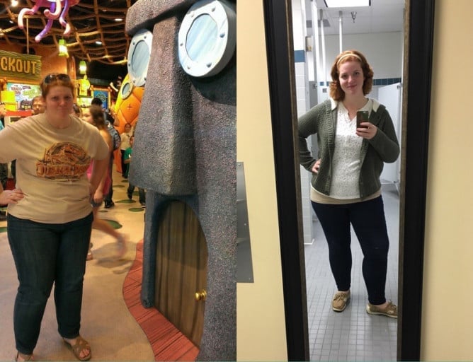 A progress pic of a 5'10" woman showing a weight cut from 308 pounds to 253 pounds. A total loss of 55 pounds.