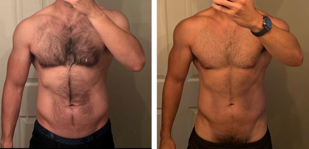 A before and after photo of a 5'10" male showing a muscle gain from 185 pounds to 194 pounds. A net gain of 9 pounds.